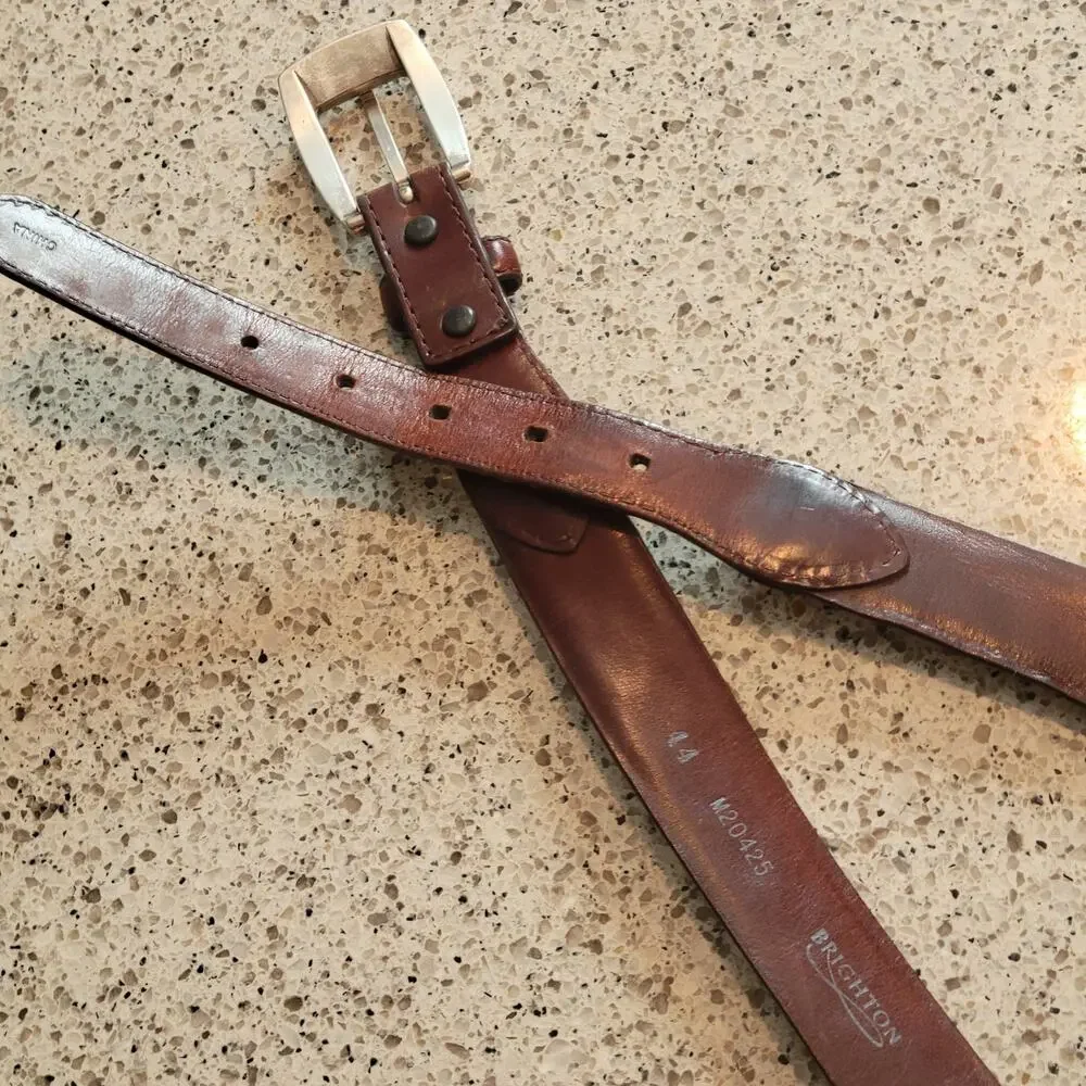 Brighton Mens Wooden Bead Genuine Leather Brown Braided Belt Silver Buckle✨️44